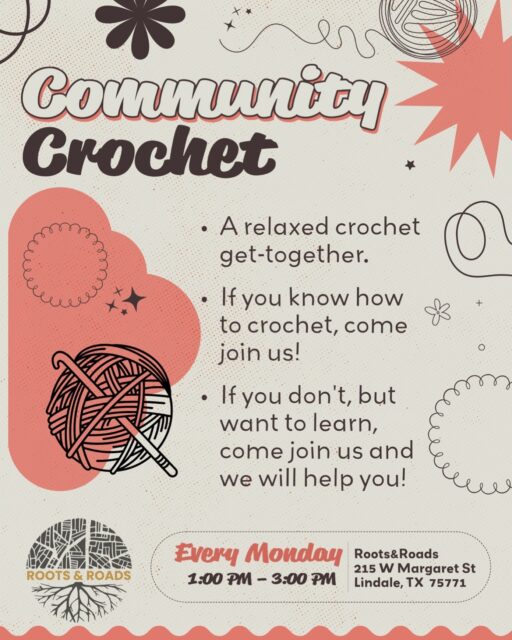 TODAY! Community Crochet is happening from 1-3pm 🧶